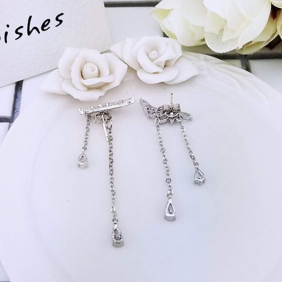 Angel's Wings Cubic Zirconia Ear Climber Dangle Earrings Women Jewelry - Picture 6 of 7